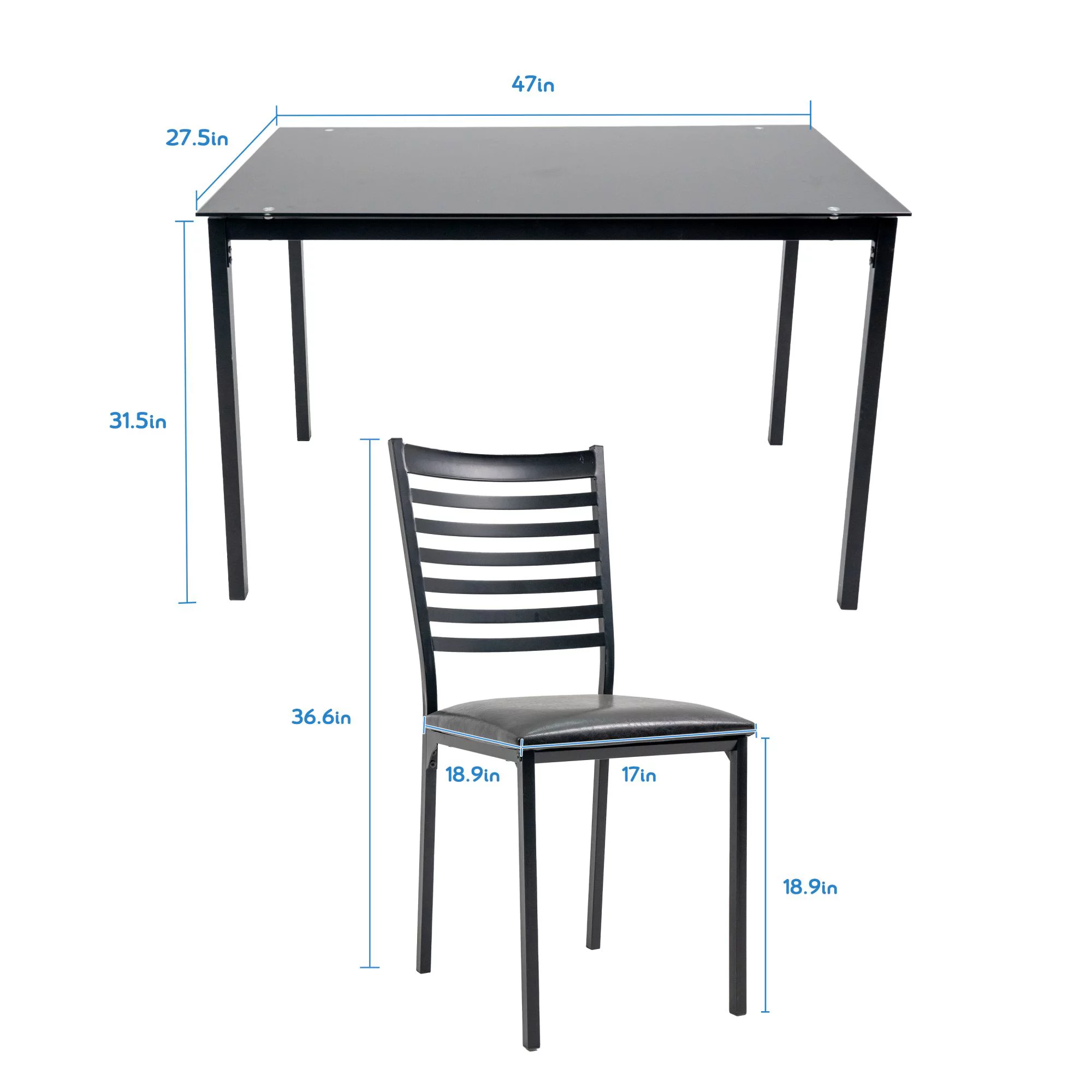 5 Piece Dining Table Set Kitchen 1 Table and 4 Upholstered Chairs Metal Frame Tempered Glass Top Black - Image 2
