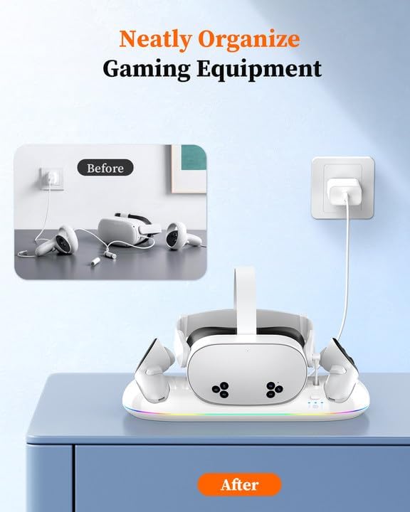 Charging Dock for Meta Quest 3S/3/2, 20W Magnetic Charging Station for Oculus Quest 3S/3/2 Accessories with Rechargeable 2X2100mAh Batteries, RGB Charging Stand for VR Headset & Controllers - Image 7