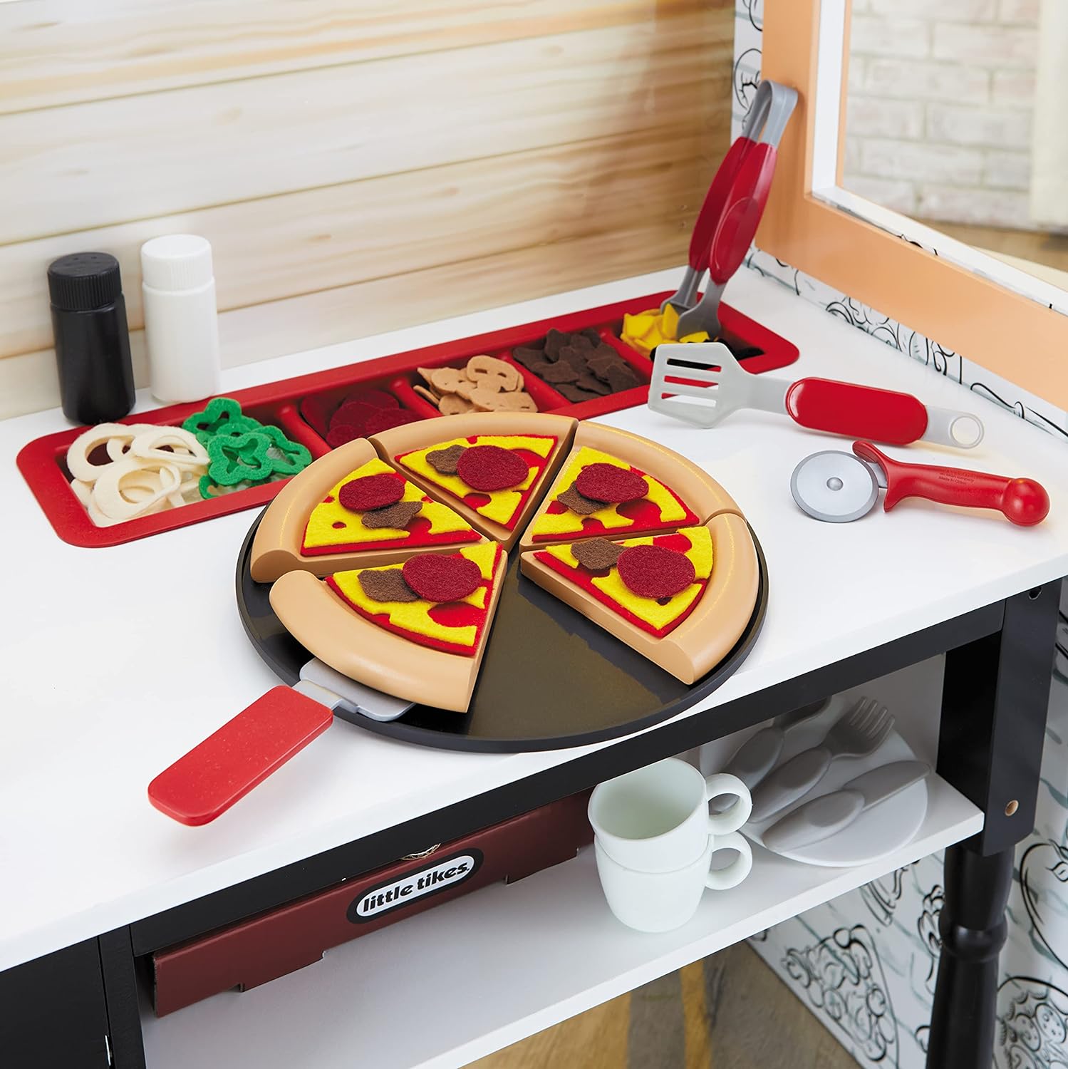 Toys AND Games Little Tikes Real Wood Pizza Restaurant Wooden Play Kitchen Cook and Serve with Realistic Lights Sounds and Dual-Sided Play, 20+ Accessories Set, Gift for Kids, Large Toy for Girls & Boys Ages 3+ - Image 3