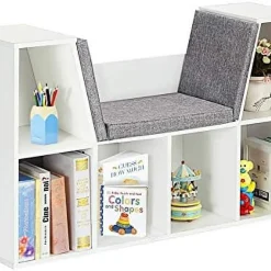 HJZBNONE 6-Cubby  Bookcase w/Cushioned Reading Nook  Multi Purpose  Organizer Cabinet  with Soft Cushion and Thick Wood Board for Children Girls & Boys Bedroom Decor Room (Modern Whit