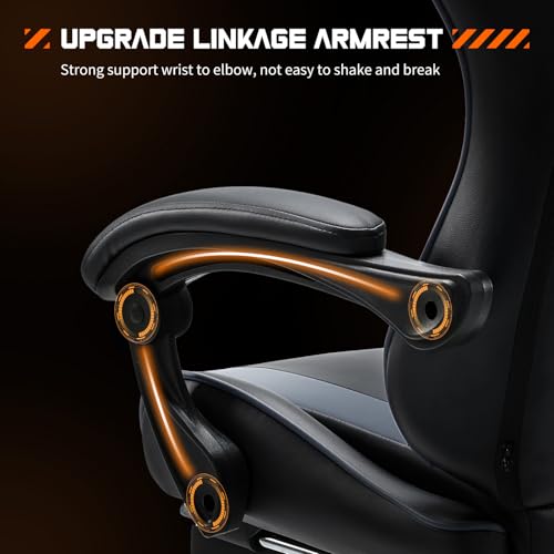 DUMOS Ergonomic Gaming Desk Chair – PU Leather Recliner with Footrest, Lumbar Support, Headrest, Fixed Armrests, Height Adjustable, 360?? Swivel, Grey, for Adults - Image 6
