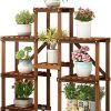 Storage Shelves Flower Pot Holder Wooden Shelving Plant Display Stand Carbonized Potted Rack 5 Tier with Wheels Floor Shelf for Indoor Outdoor Garden Decoration